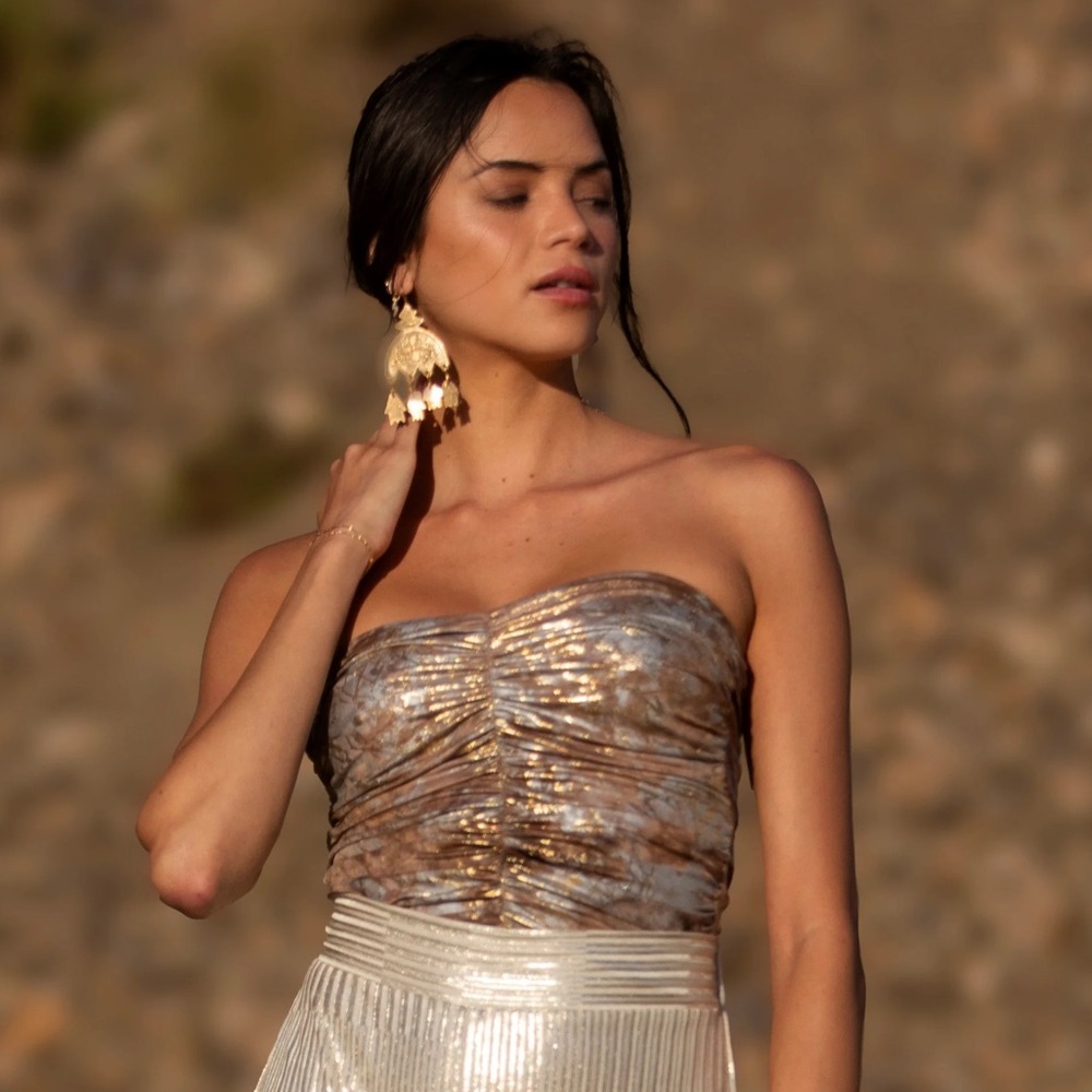 Nightcap Free People Bronze Foil Ruched Strapless 70s 80s Tube Crop Top XS
